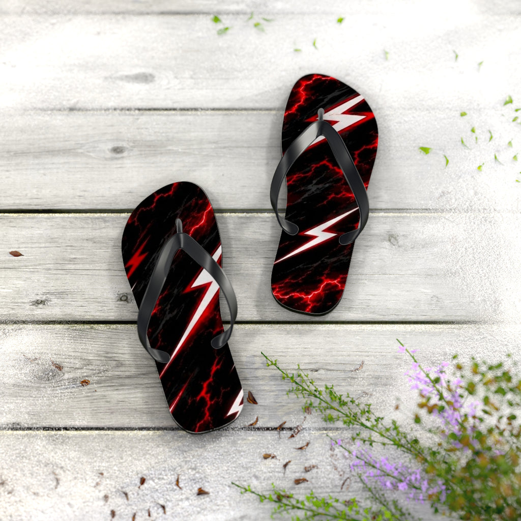 Red Lightning Bolt Flip Flops — Black & Red Storm Beach Sandals