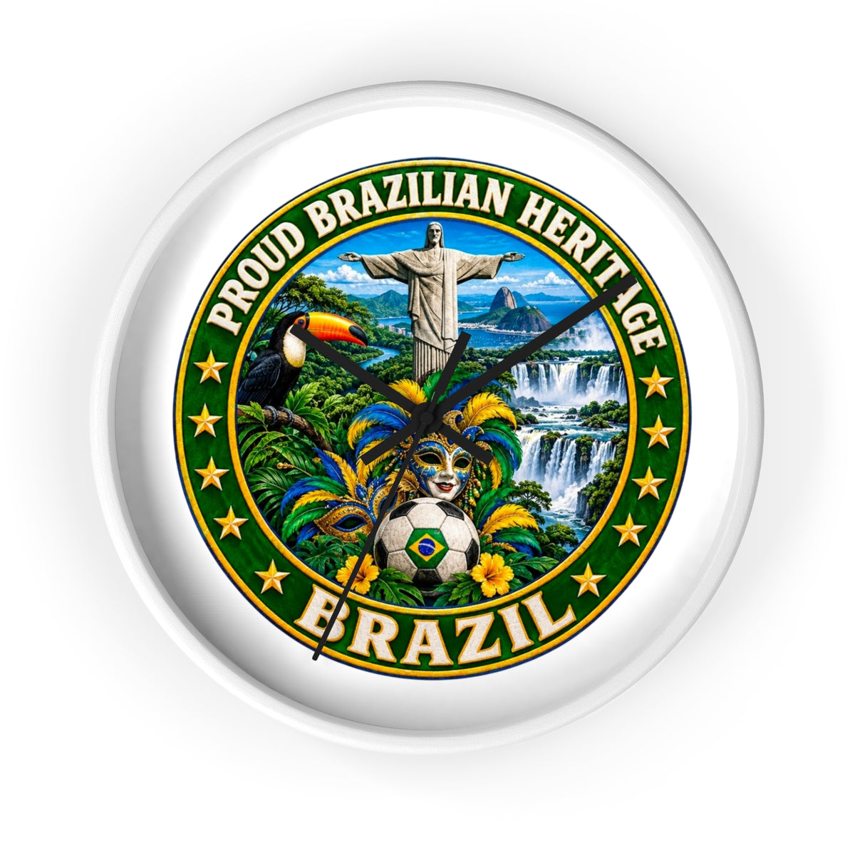 Brazil Wall Clock — Proud Brazilian Heritage Decorative Clock (Carnival, Cristo Redentor, Iguazu Falls)
