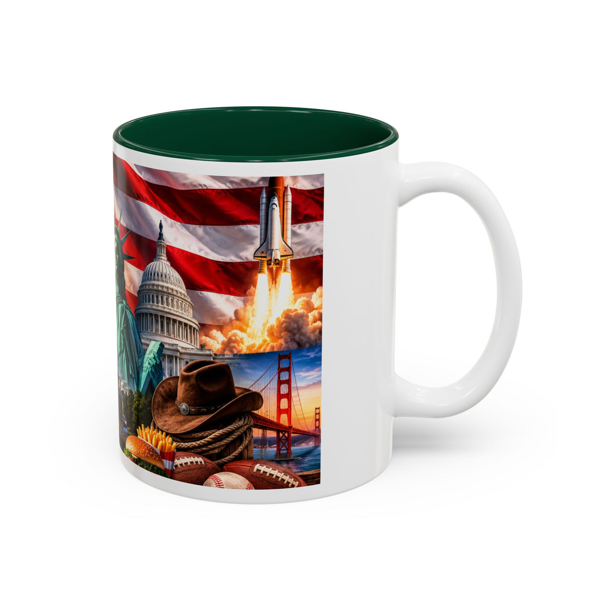 Patriotic USA Collage Mug — Statue of Liberty, Capitol & American Flag (Two-Tone)