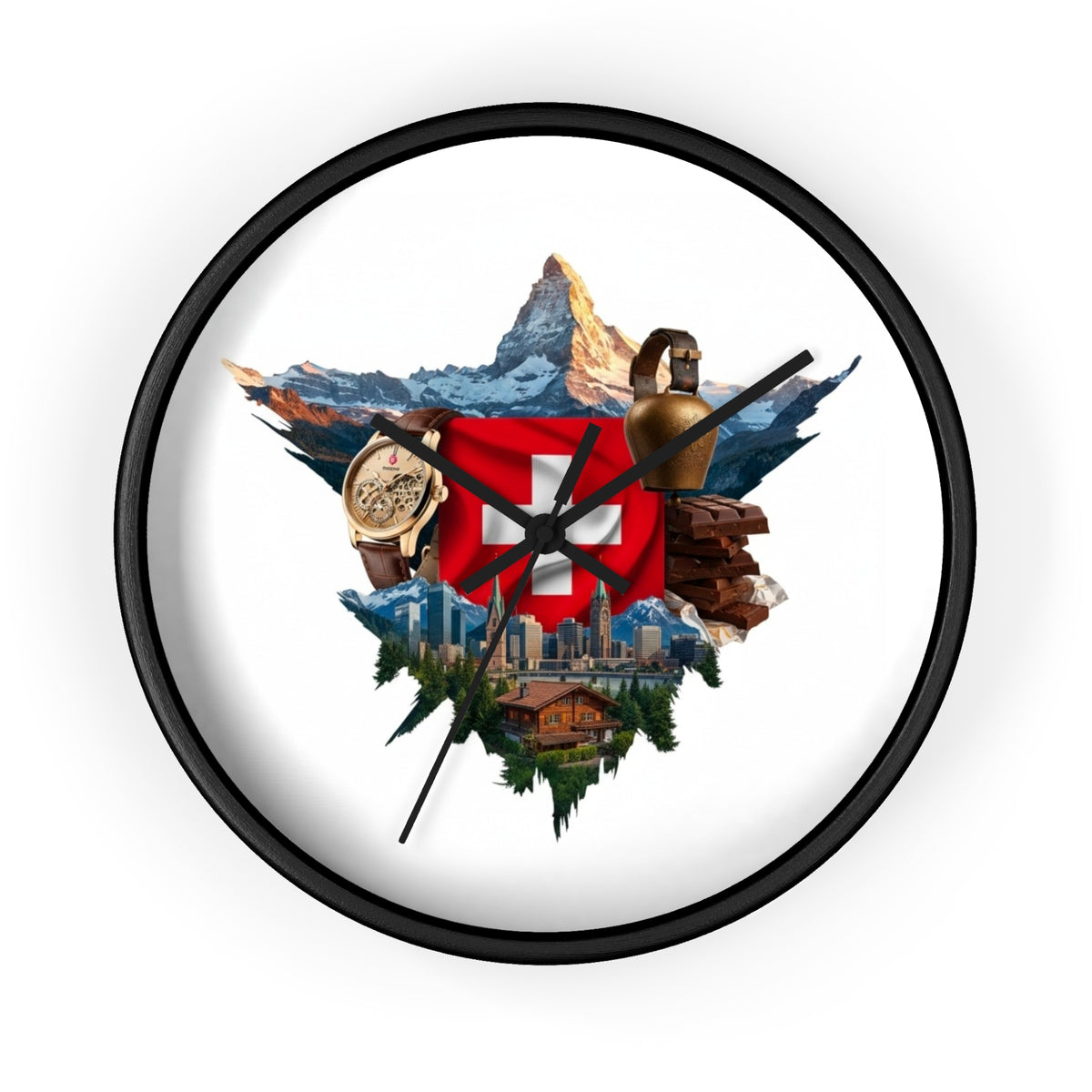 Swiss Heritage Wall Clock – Alpine Crest Design with Swiss Flag, Mountain & Chalet Elements