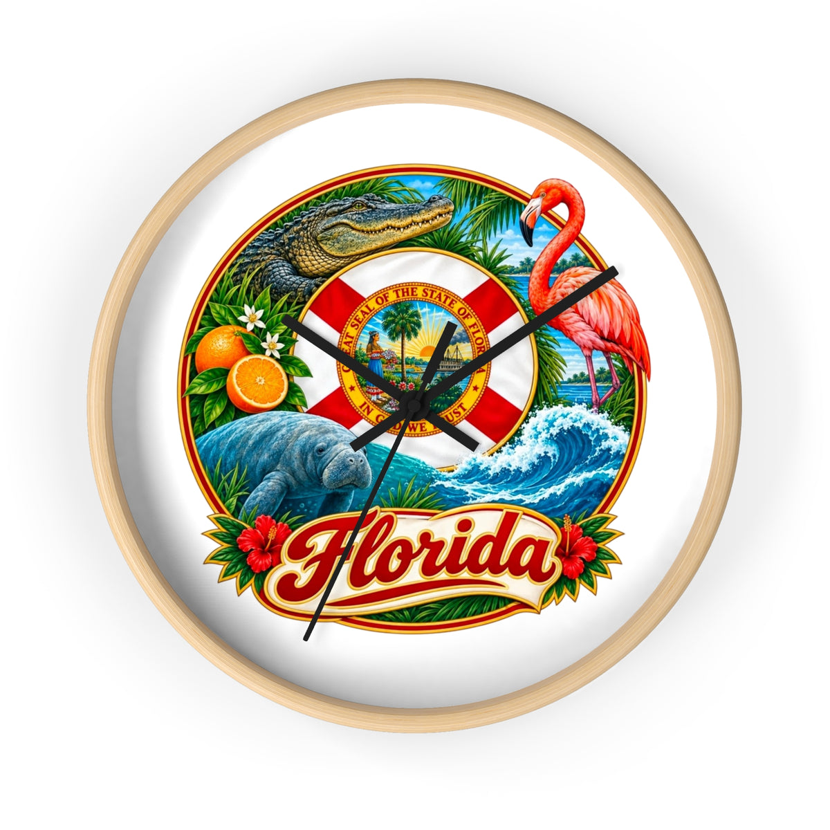 Florida Vintage Travel Wall Clock — Flamingo, Alligator & Citrus Scenic Decor