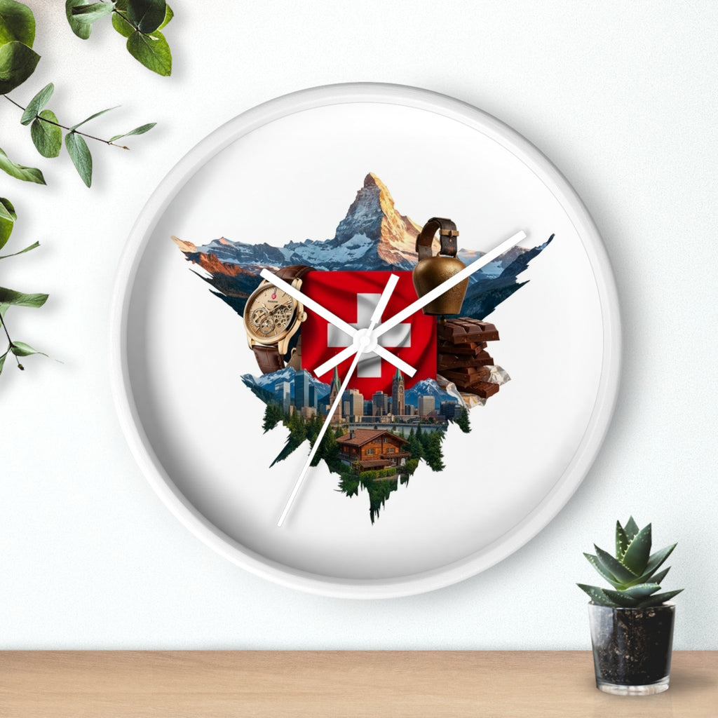 Swiss Heritage Wall Clock – Alpine Crest Design with Swiss Flag, Mountain & Chalet Elements