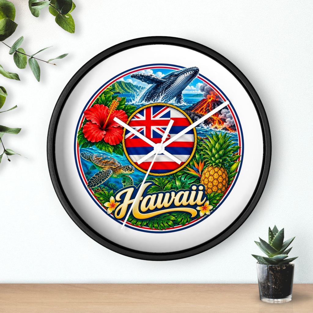 Hawaii Tropical Souvenir Wall Clock — Hawaiian Flag, Hibiscus, Pineapple & Whale Design