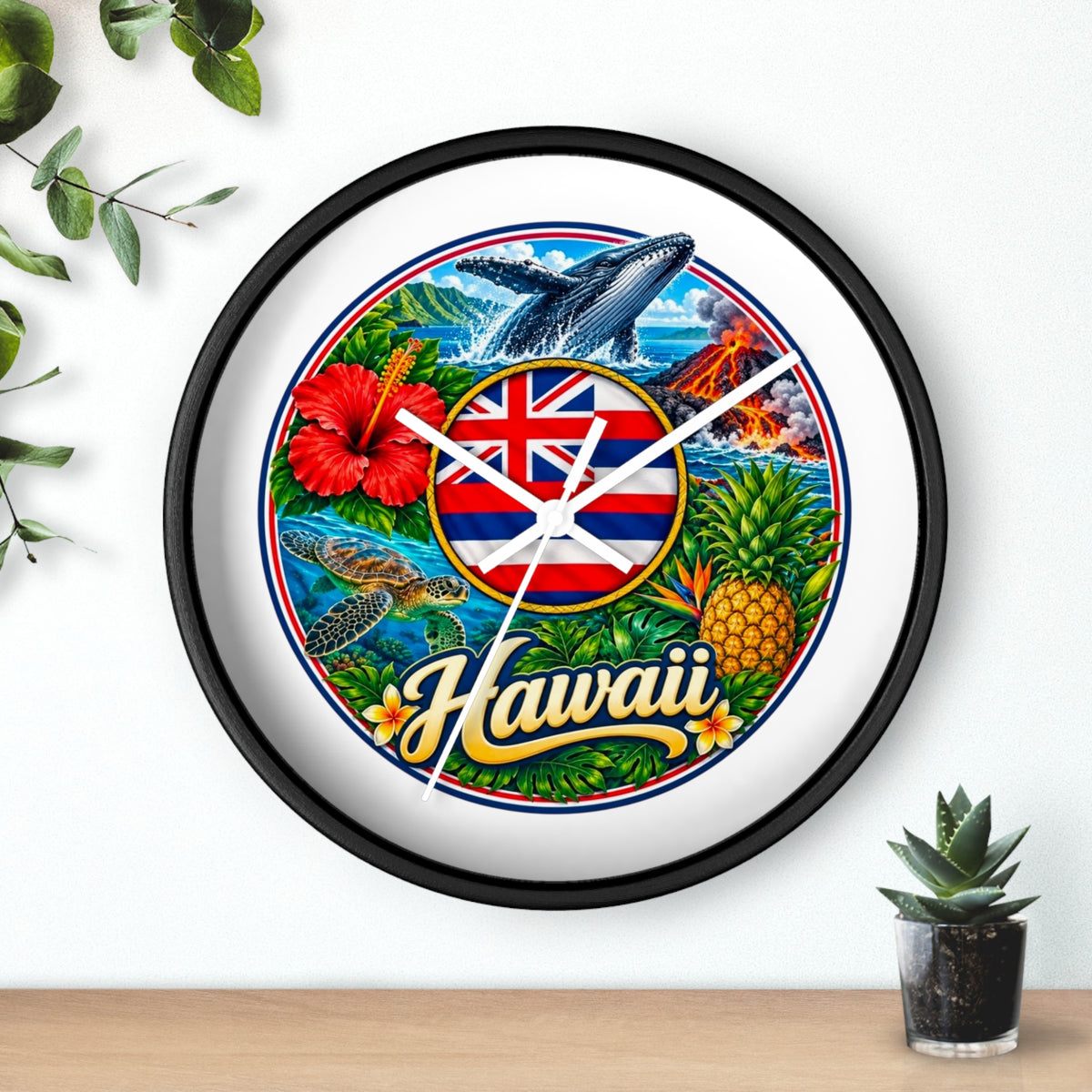 Hawaii Tropical Souvenir Wall Clock — Hawaiian Flag, Hibiscus, Pineapple & Whale Design