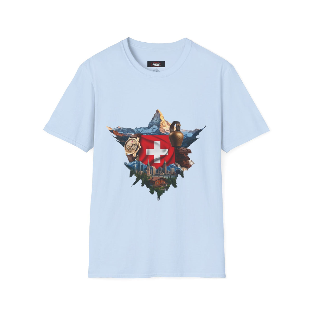 Swiss Crest Graphic T-Shirt — Alpine Flag & Icon Travel Tee