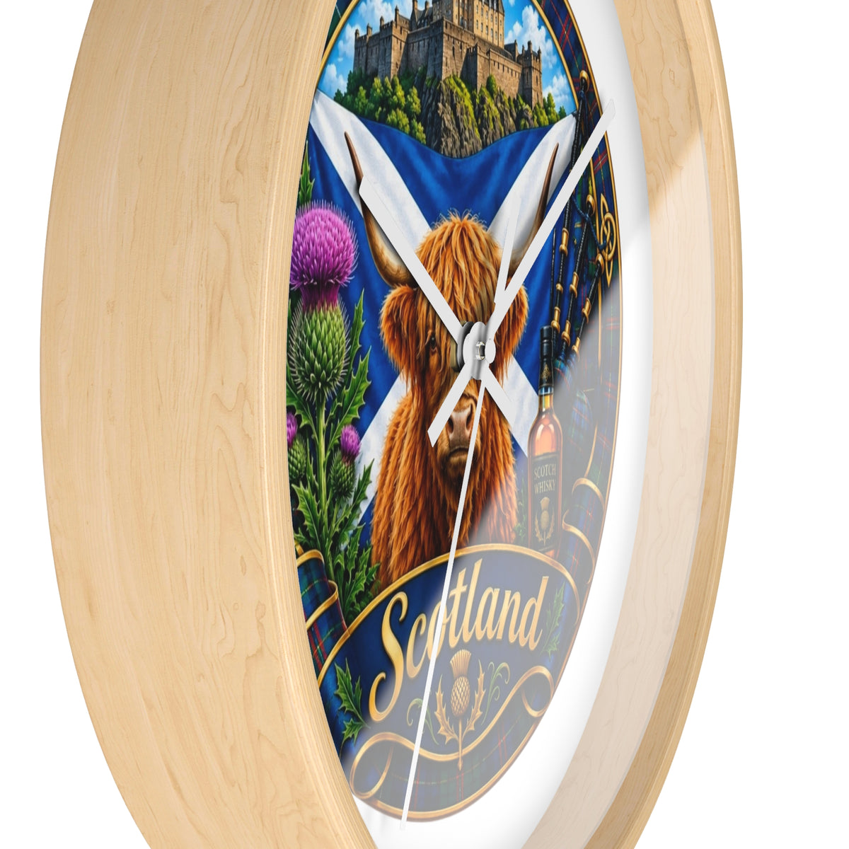 Scotland Highland Cow Wall Clock — Tartan Thistle Scottish Castle Home Decor