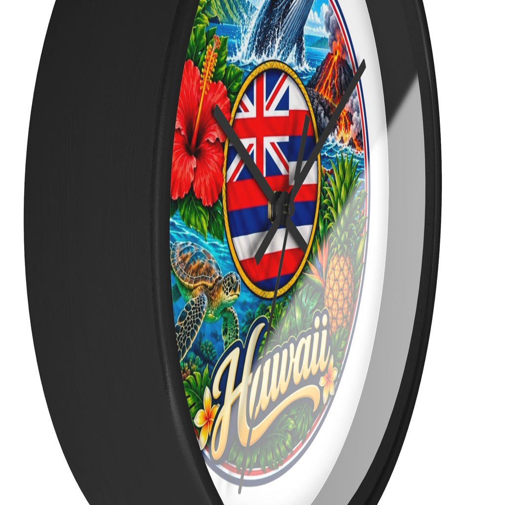 Hawaii Tropical Souvenir Wall Clock — Hawaiian Flag, Hibiscus, Pineapple & Whale Design