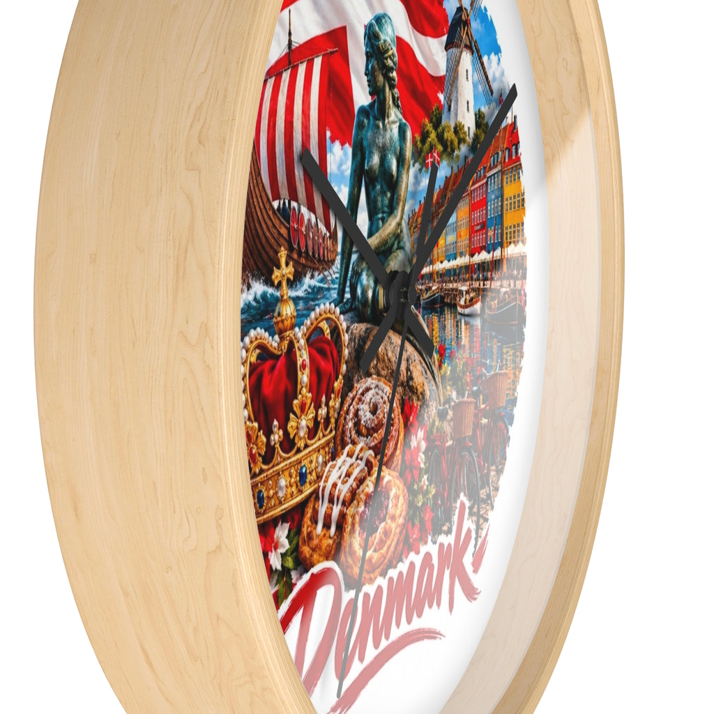 Denmark Wall Clock — Copenhagen Icons: Little Mermaid, Nyhavn, Viking Longship & Danish Pastries
