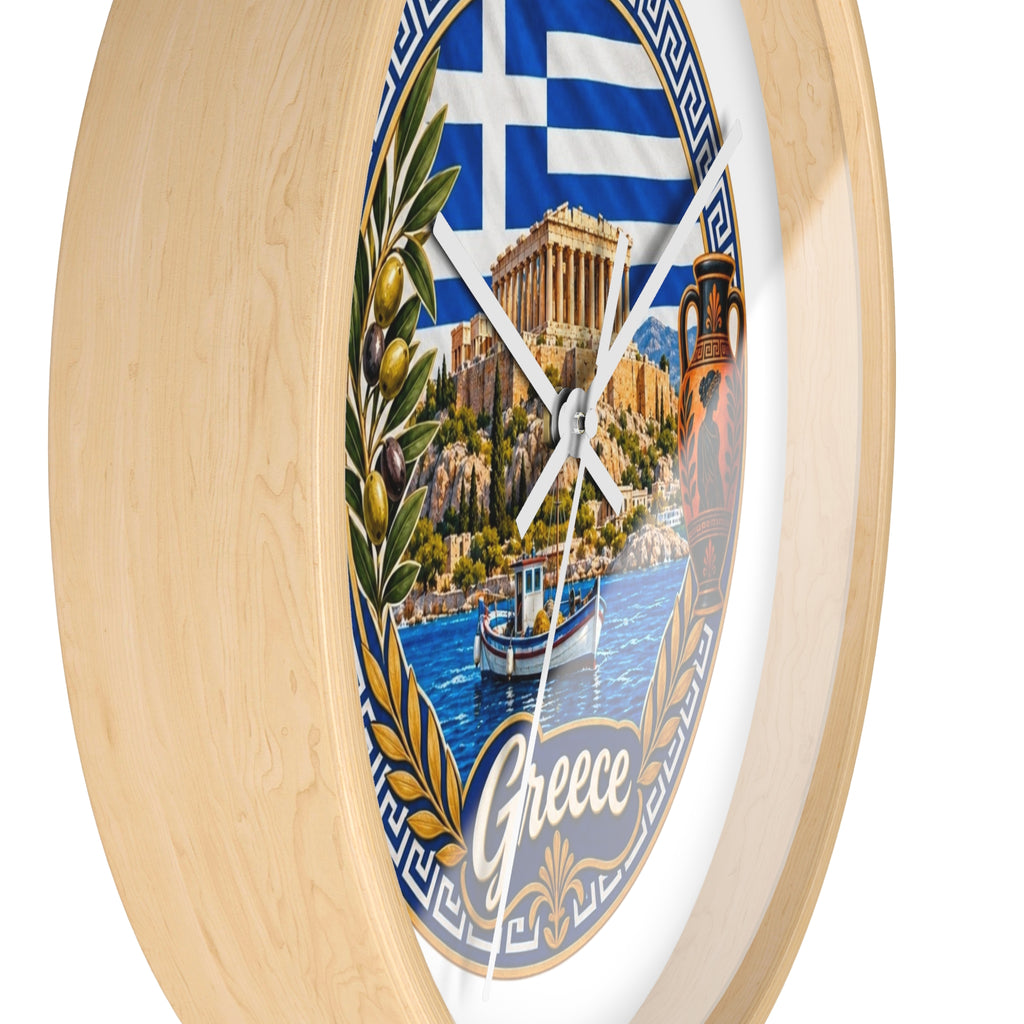 Greece Decorative Wall Clock — Parthenon, Olive Branch & Greek Flag Design