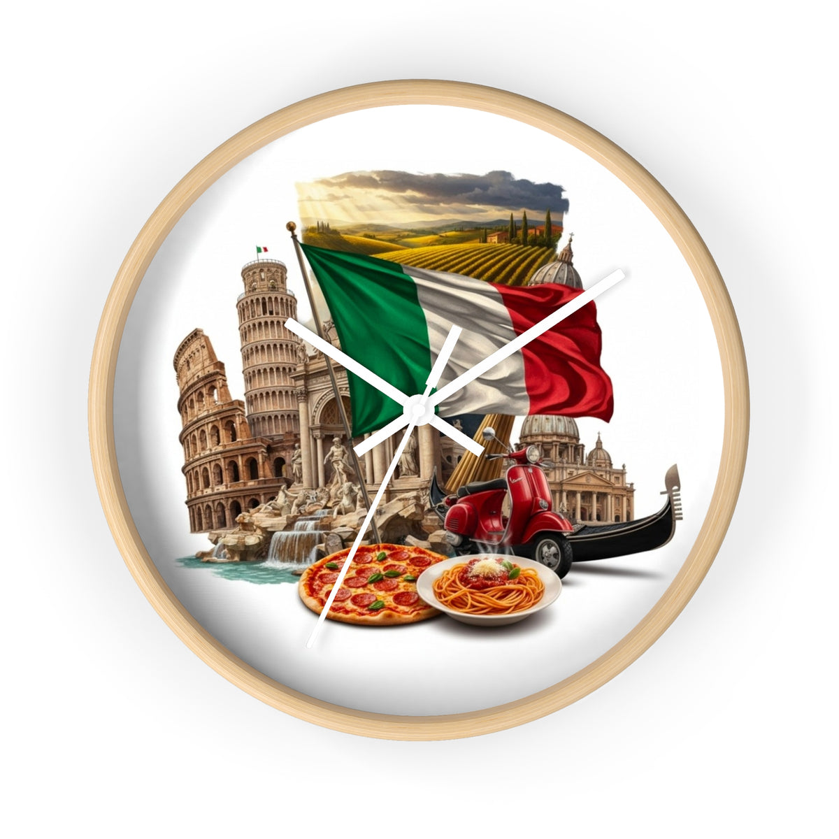 Italian Landmarks Wall Clock — Pizza, Vespa & Flag Heritage Decor