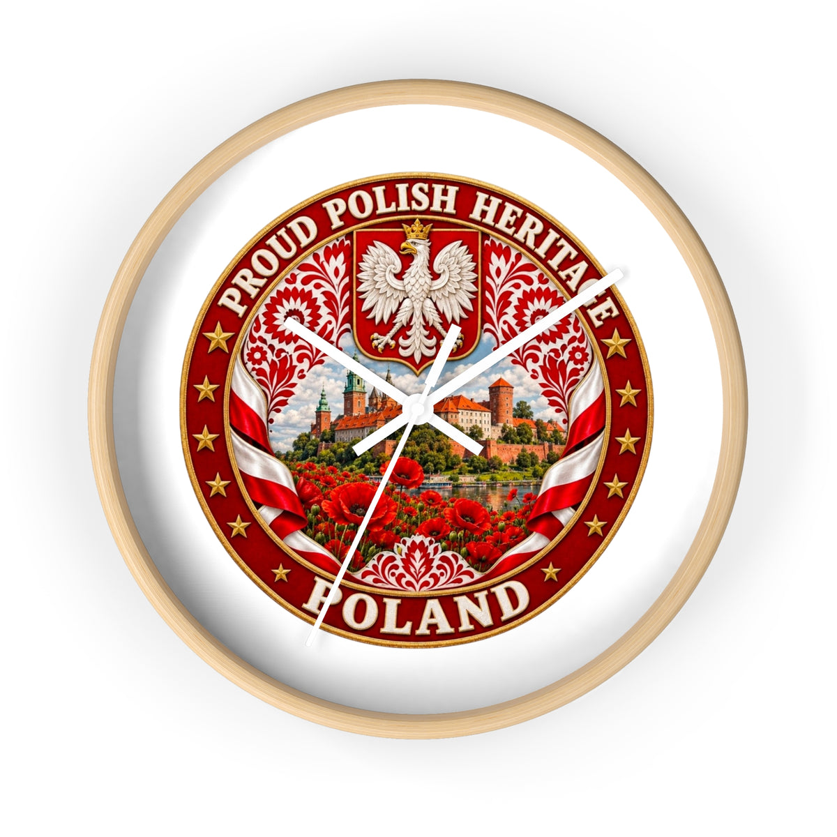 Poland Wall Clock — Proud Polish Heritage Design (Eagle, Castle & Poppies)