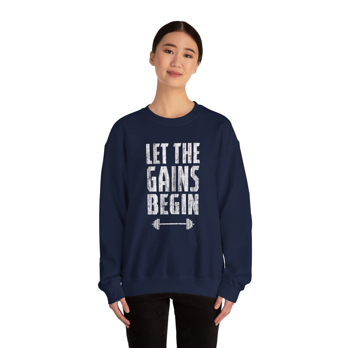 Motivated Muscle Gains graphic on a crewneck sweatshirt