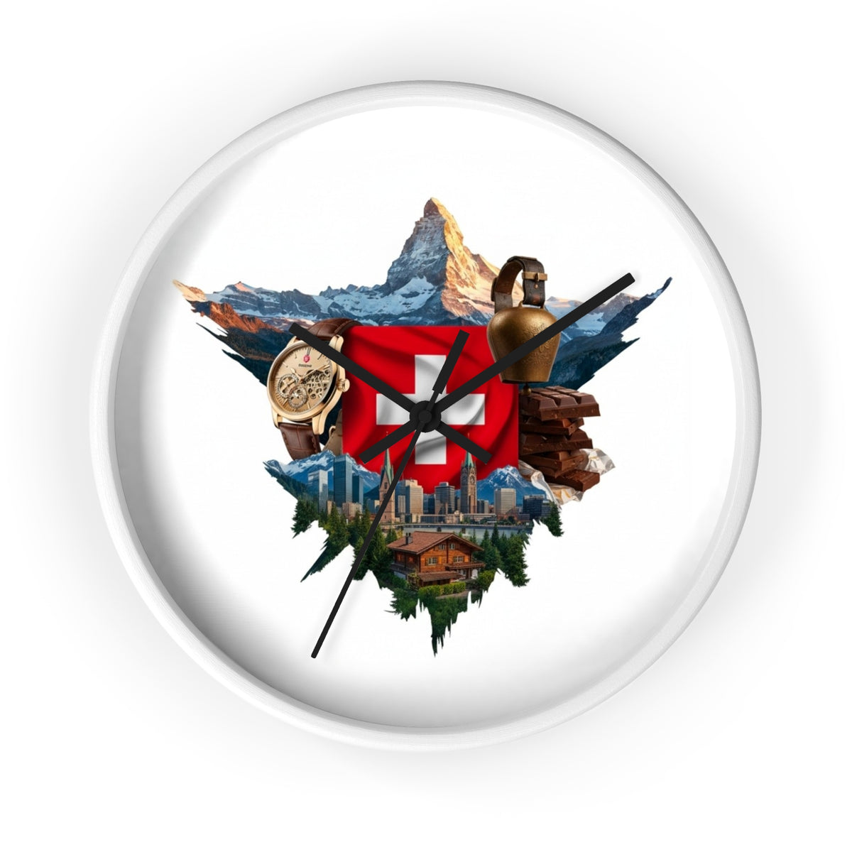 Swiss Heritage Wall Clock – Alpine Crest Design with Swiss Flag, Mountain & Chalet Elements