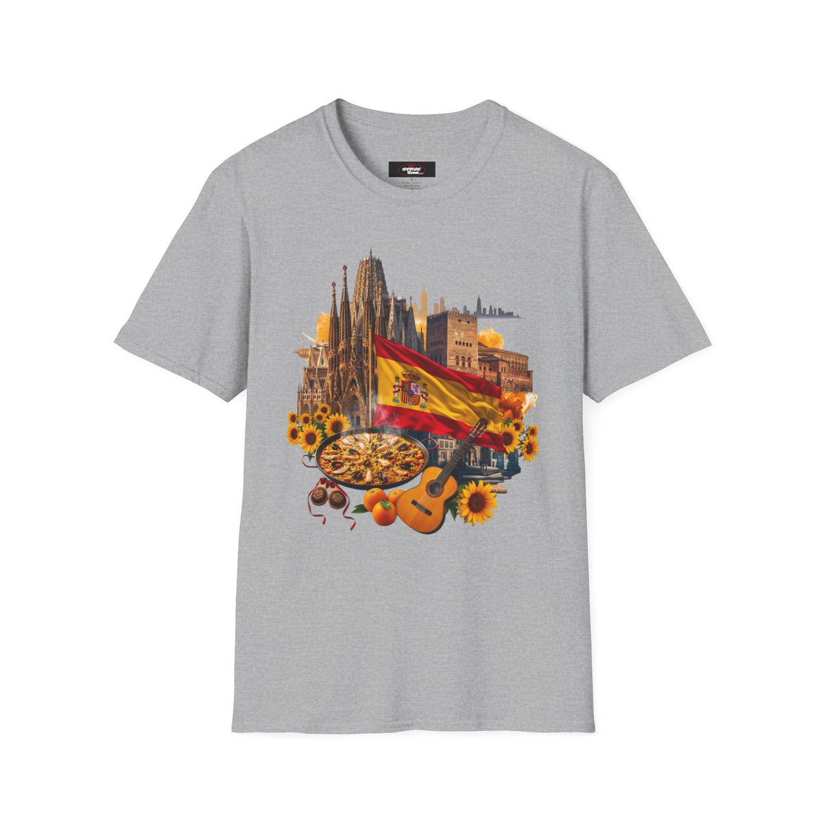 Spain Travel Collage T-Shirt — Paella, Guitar & Spanish Flag Graphic Tee
