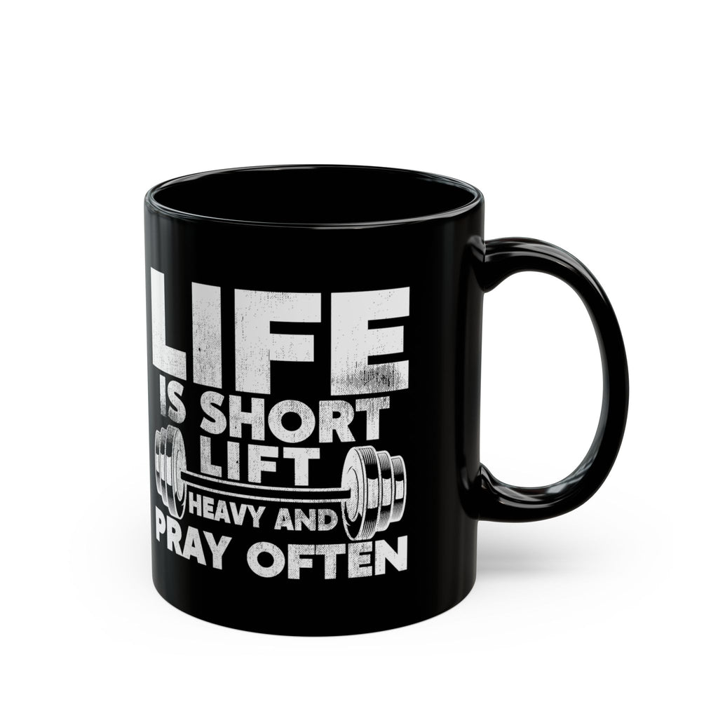 Striking barbell prayer design on a mug