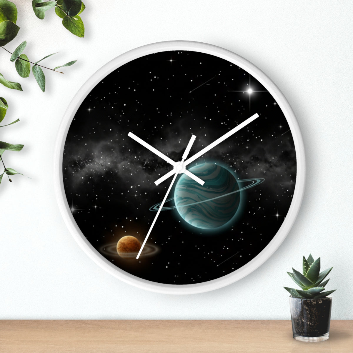 Space Planet Wall Clock — Teal Ringed Planet & Starfield Decorative Clock