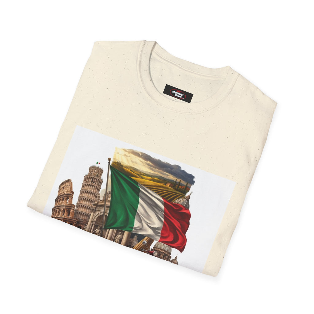 Italian Landmarks & Cuisine T-Shirt — Pizza, Colosseum & Flag Graphic