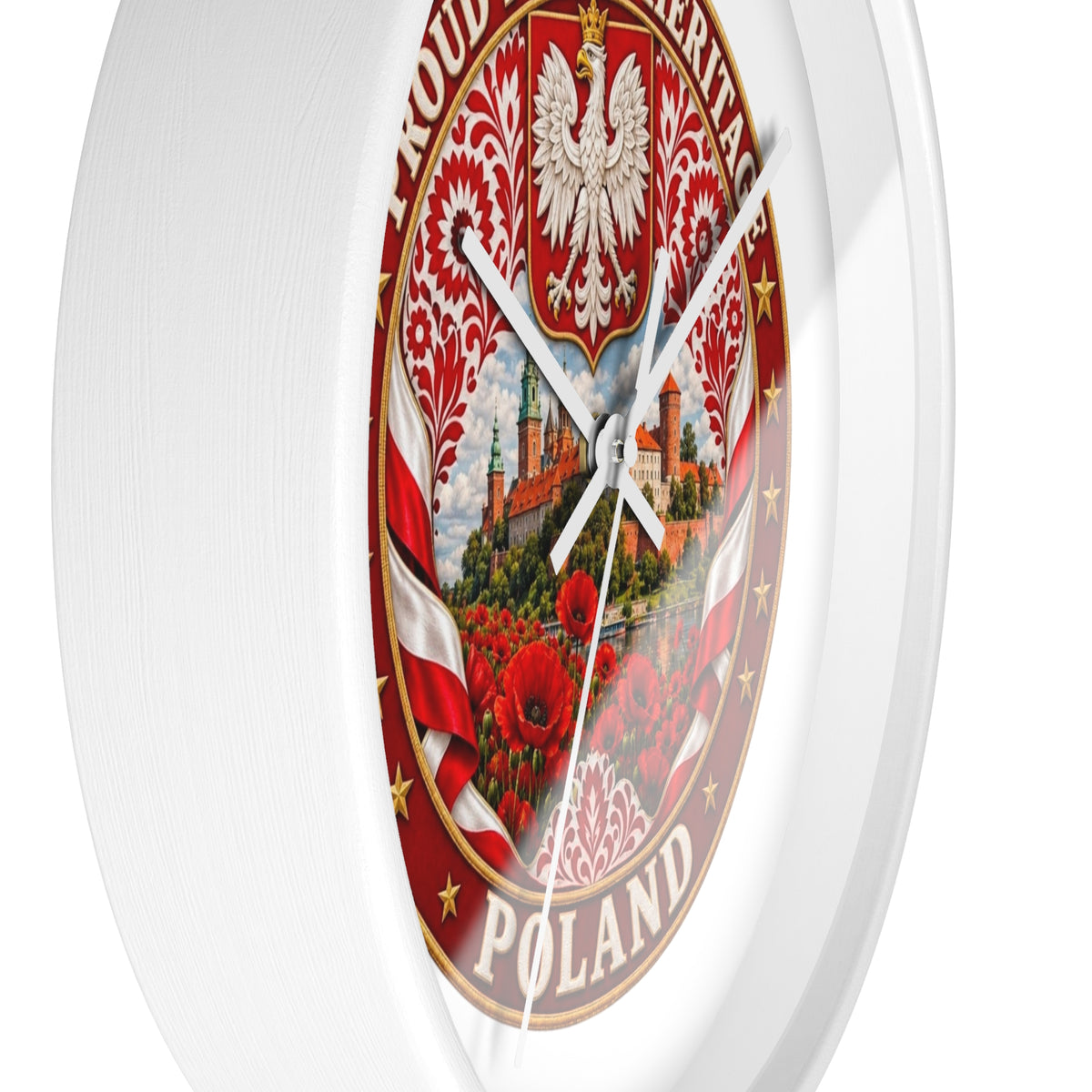 Poland Wall Clock — Proud Polish Heritage Design (Eagle, Castle & Poppies)