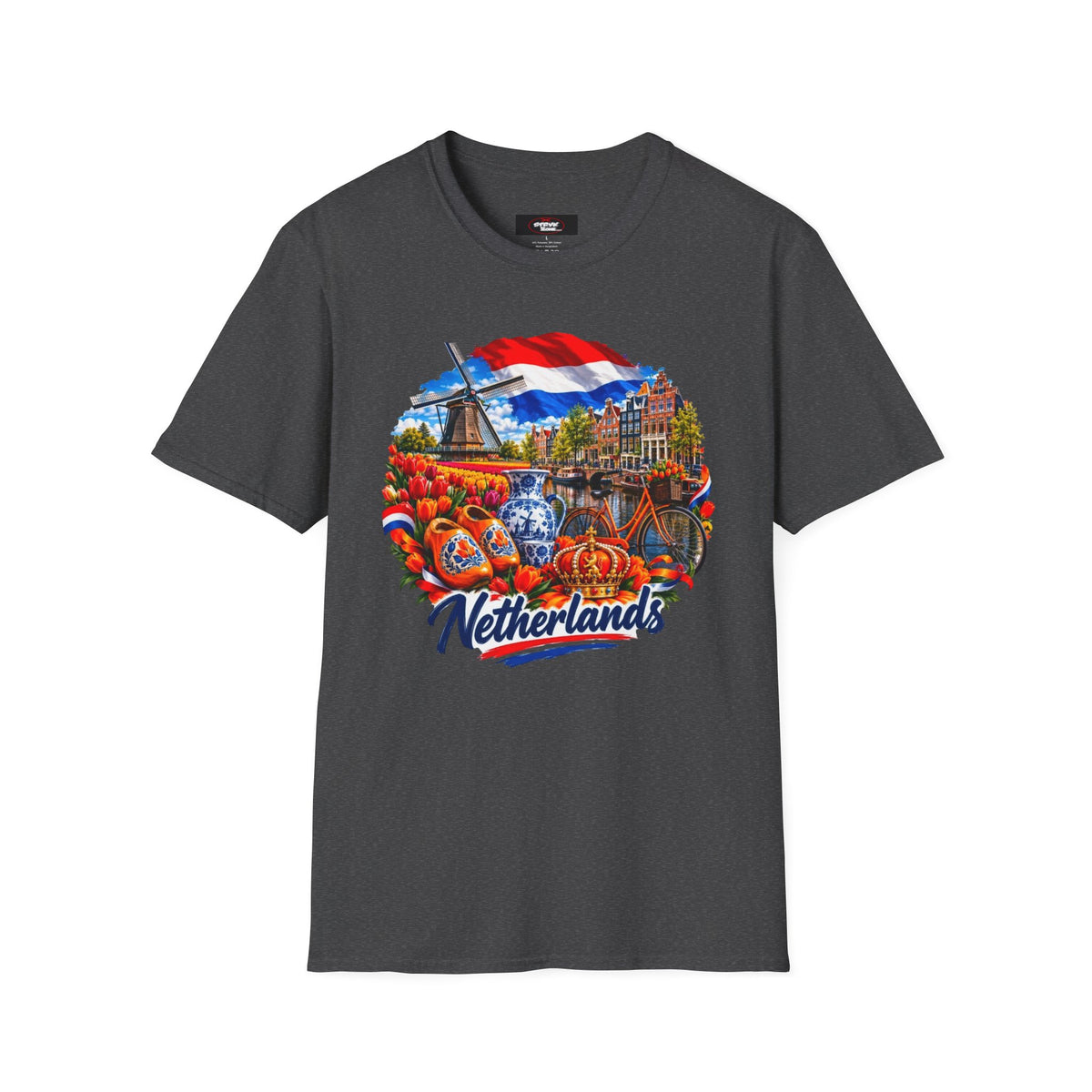 Netherlands Souvenir T-Shirt — Dutch Windmill, Tulips & Flag Design
