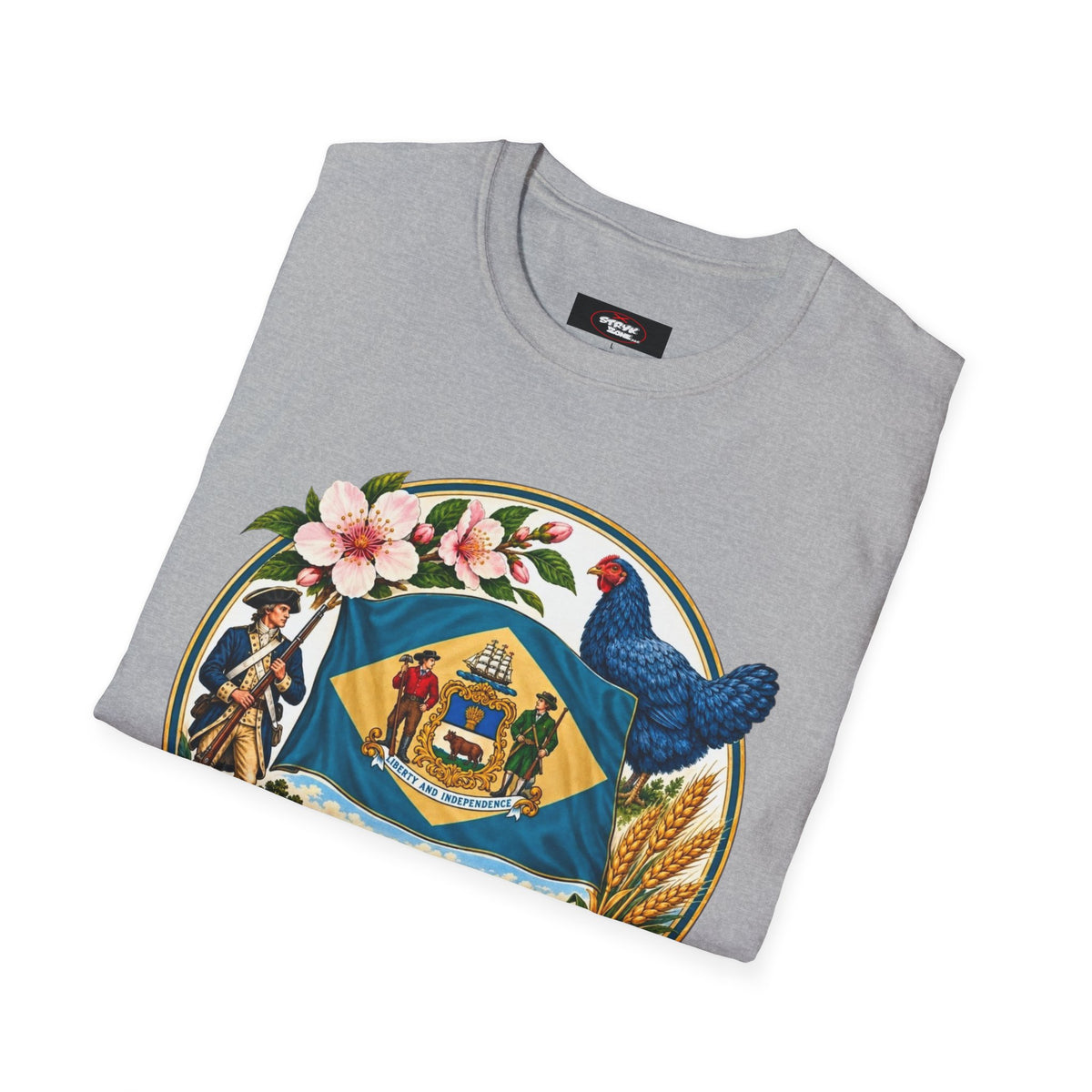 Delaware State Seal Vintage T-Shirt — Floral & Blue Hen State Emblem