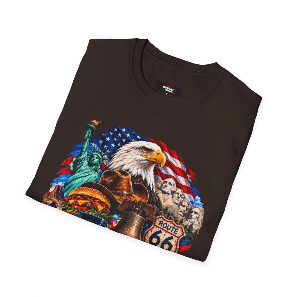 United States Patriotic T-Shirt — Bald Eagle, Statue of Liberty & Route 66 Design
