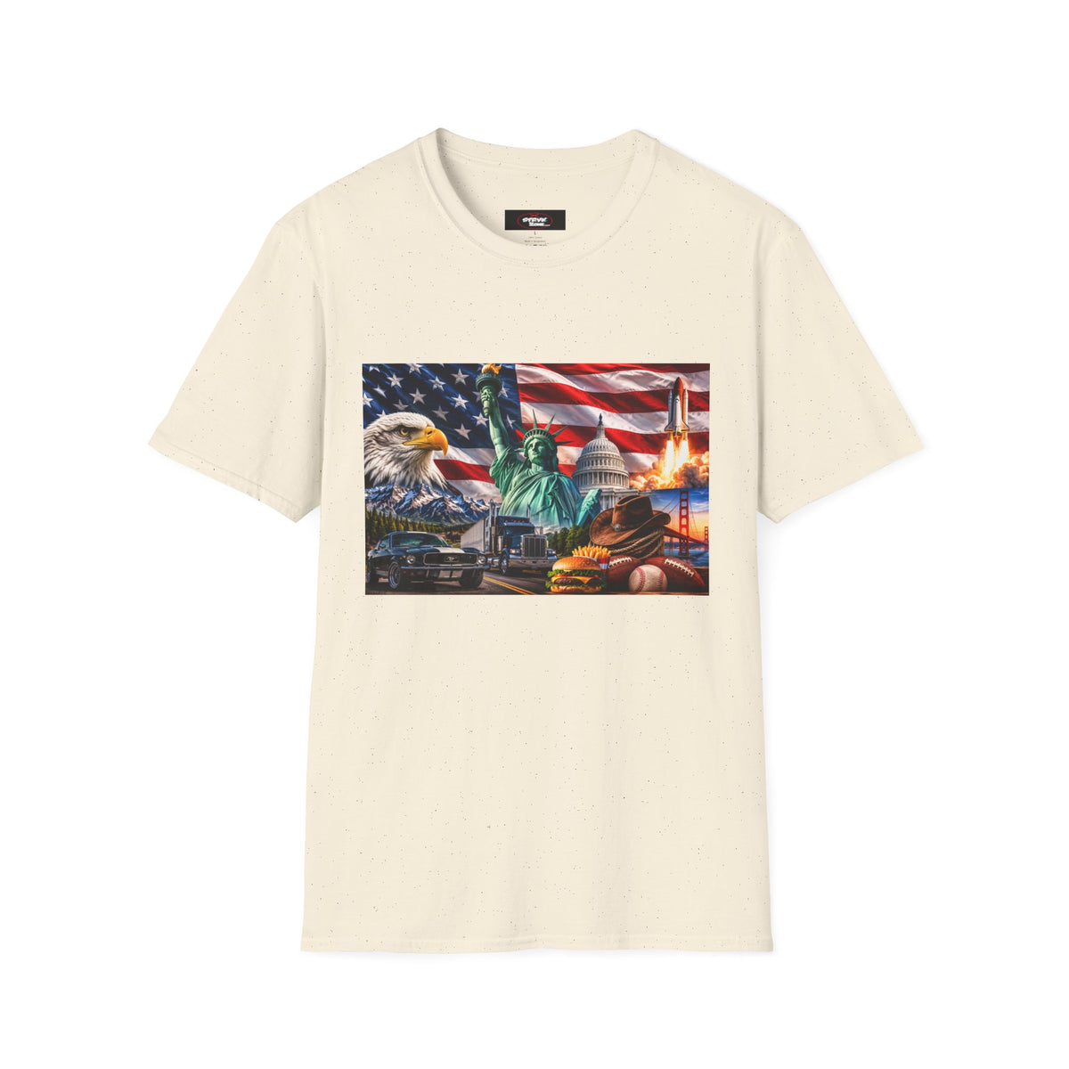 Patriotic USA Montage T-Shirt – Eagle, Statue of Liberty & American Flag Design