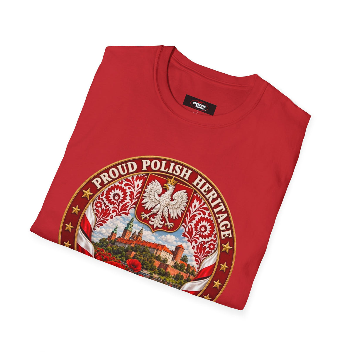 Poland Pride T-Shirt — "Proud Polish Heritage" Circle Crest with White Eagle and Floral Motif