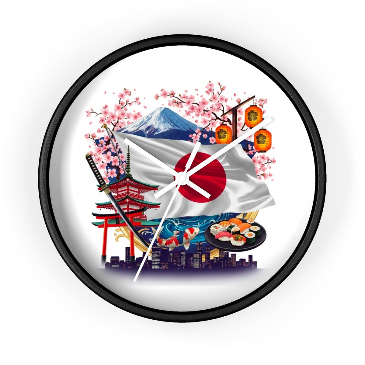 Japanese Flag Wall Clock — Mount Fuji, Sakura & Sushi Decorative Clock