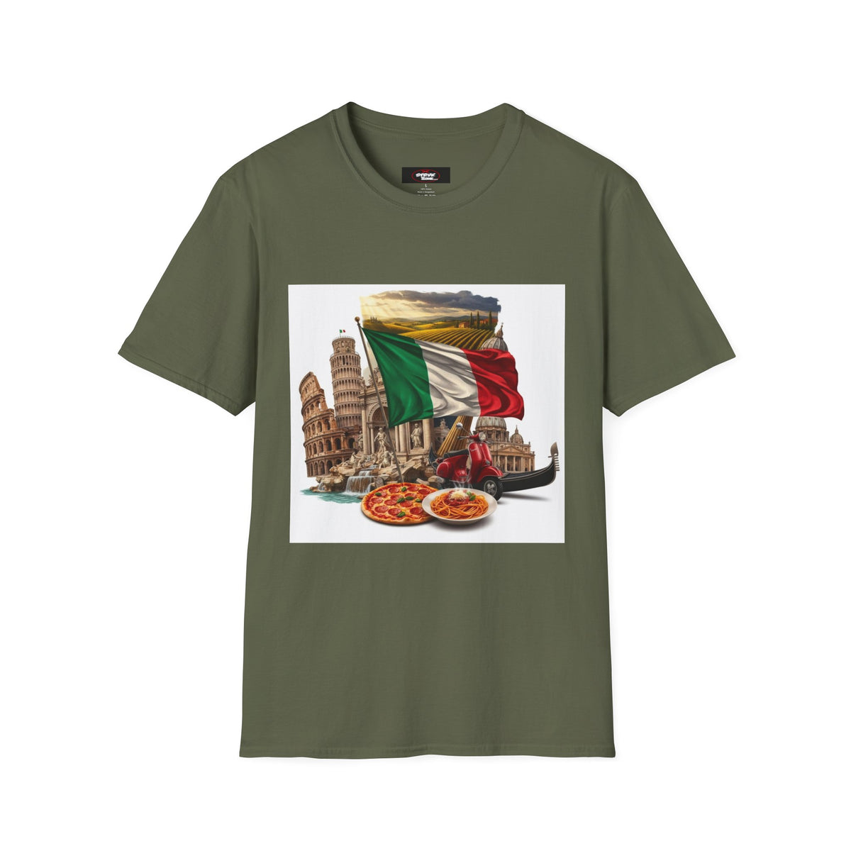 Italian Landmarks & Cuisine T-Shirt — Pizza, Colosseum & Flag Graphic