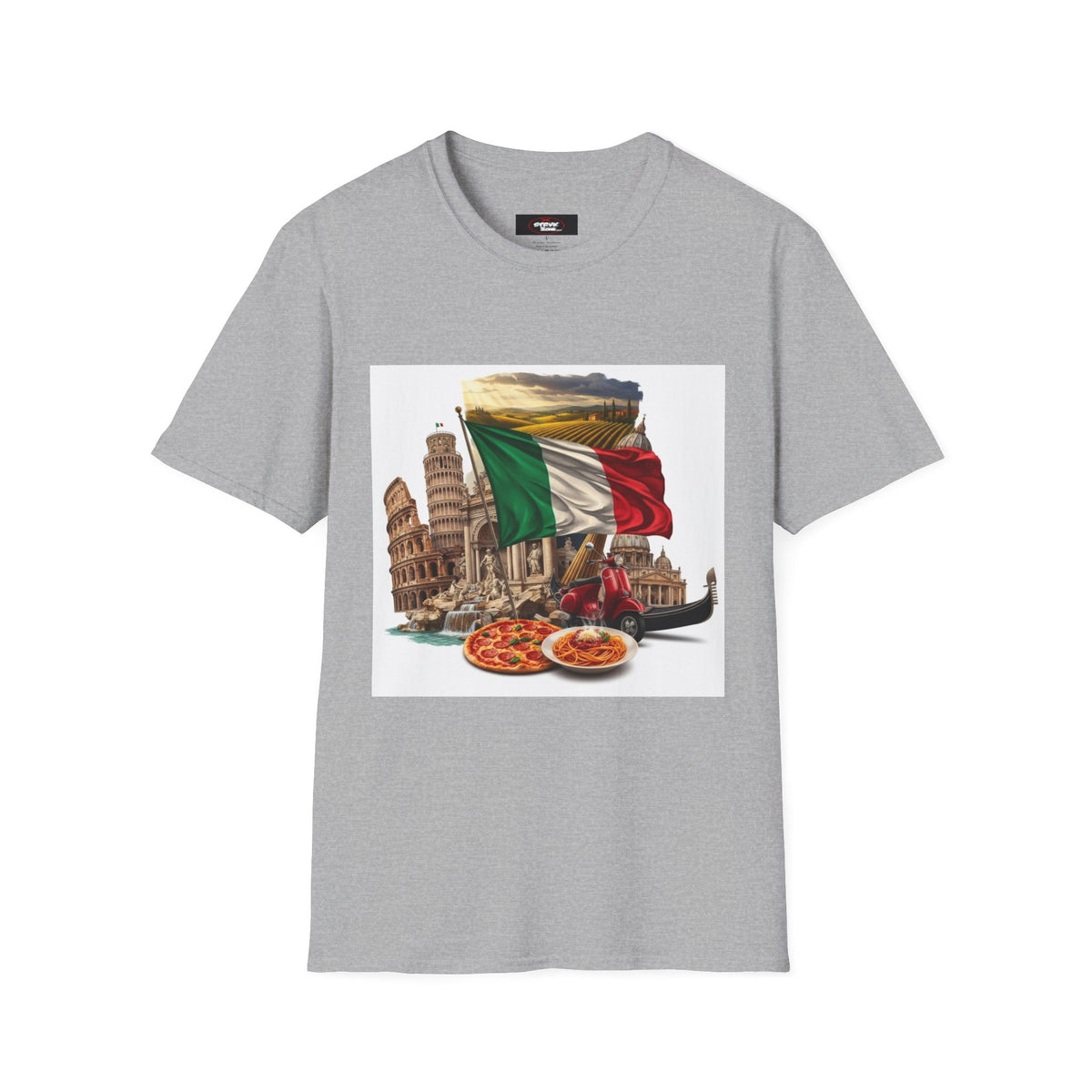Italian Landmarks & Cuisine T-Shirt — Pizza, Colosseum & Flag Graphic