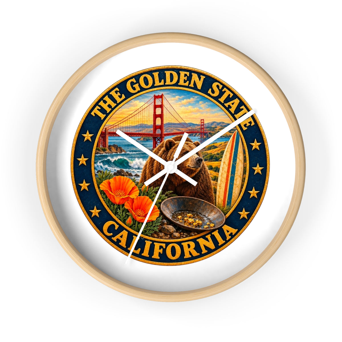 California Golden State Wall Clock — Golden Gate, Bear & Poppies Retro Travel Decor
