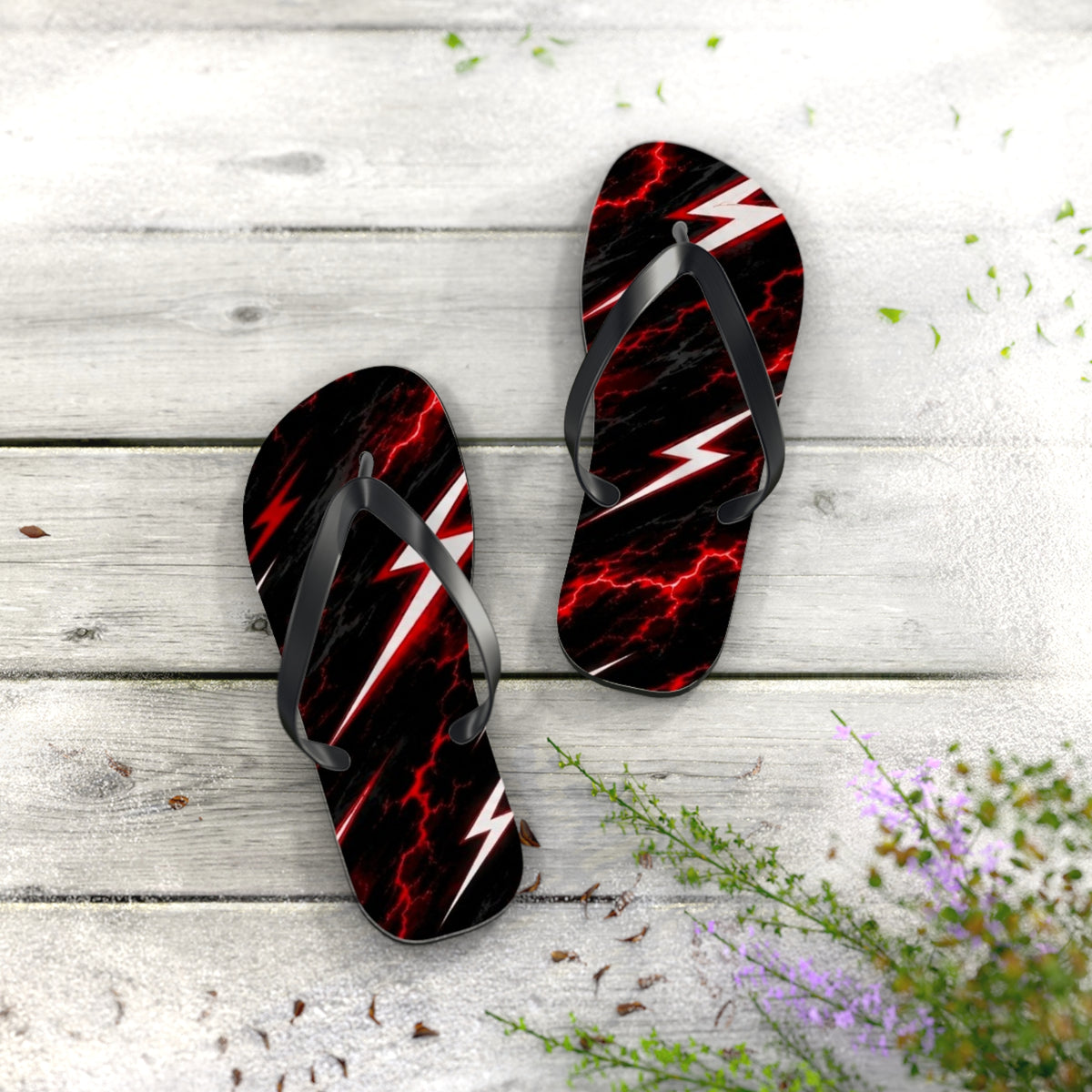 Red Lightning Bolt Flip Flops — Black & Red Storm Beach Sandals