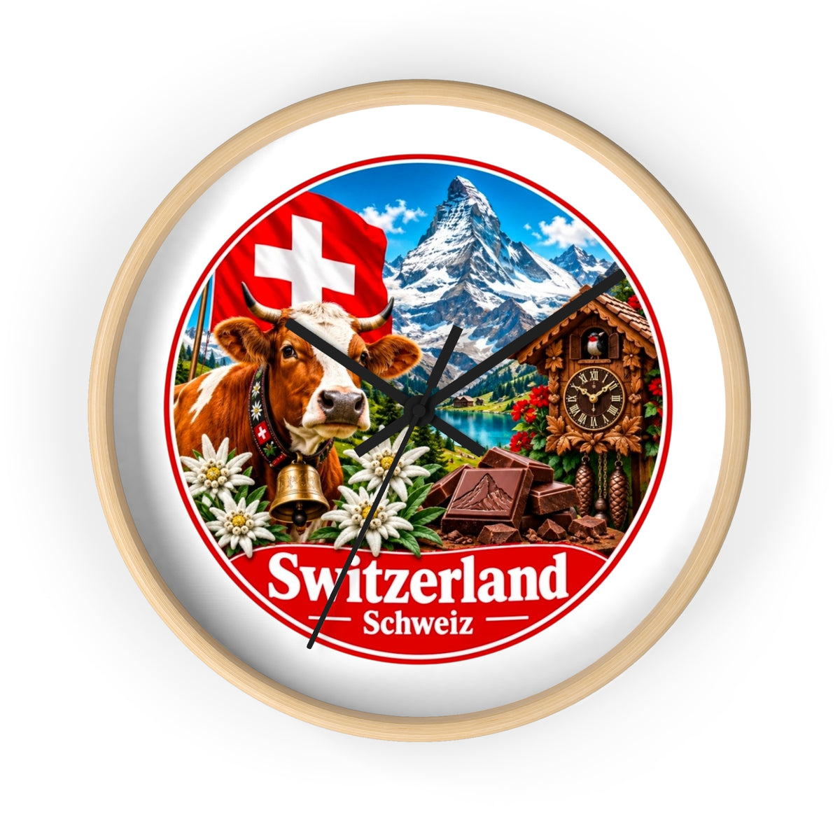 Switzerland Wall Clock — Alpine Cow, Cuckoo Clock & Matterhorn Souvenir