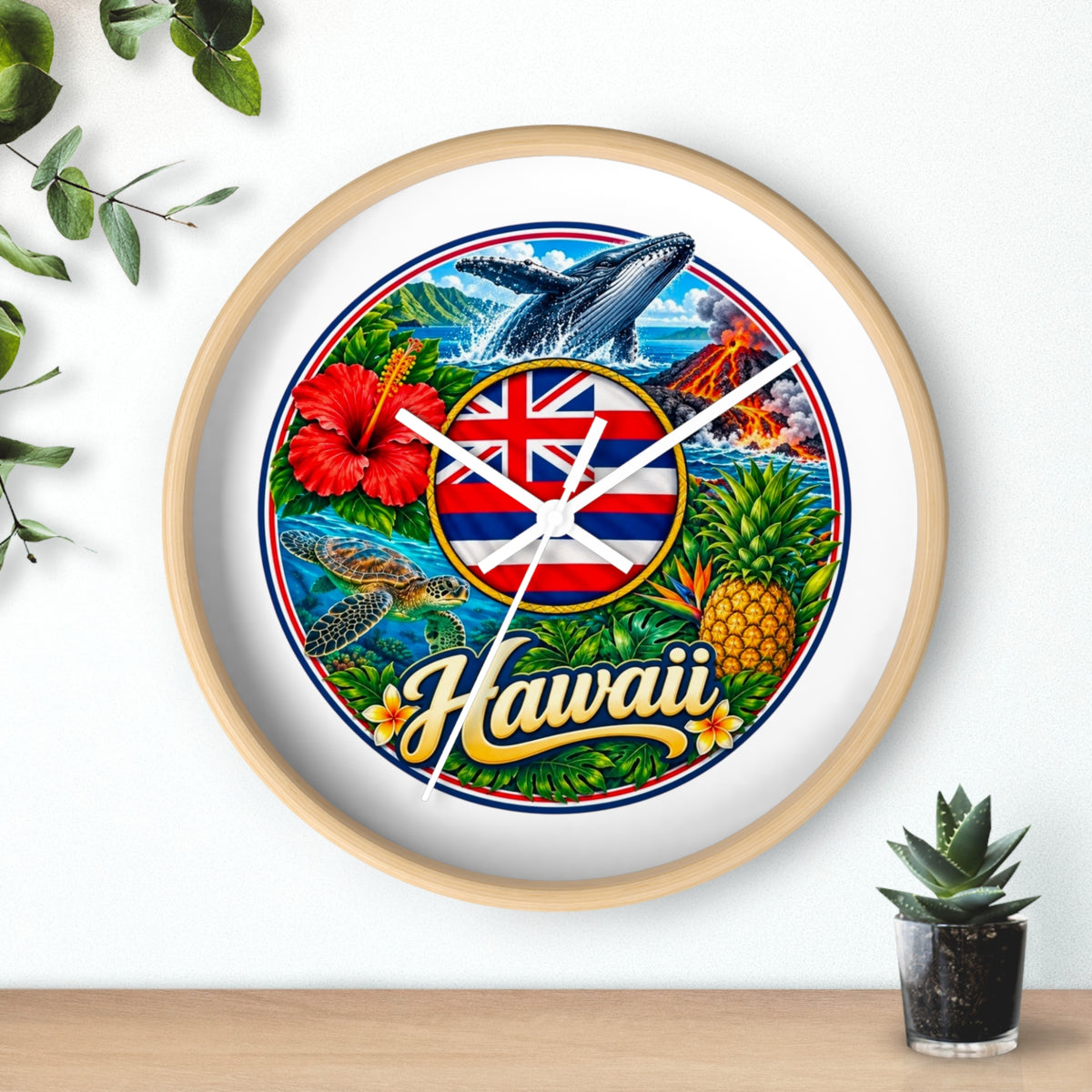 Hawaii Tropical Souvenir Wall Clock — Hawaiian Flag, Hibiscus, Pineapple & Whale Design