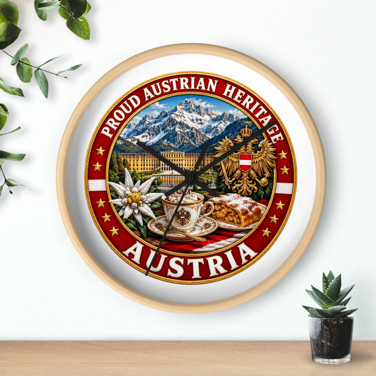 Austria Heritage Wall Clock — Proud Austrian Mountains & Coffee Scene
