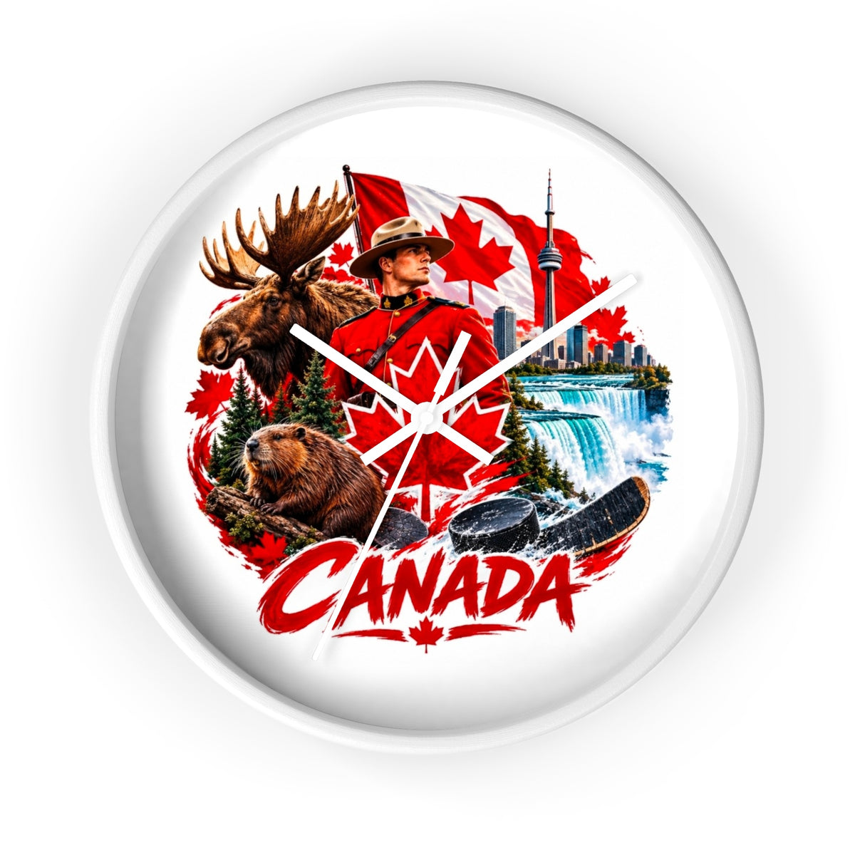 Canada Souvenir Wall Clock — Maple Leaf Moose, Bear & Mountie Collage