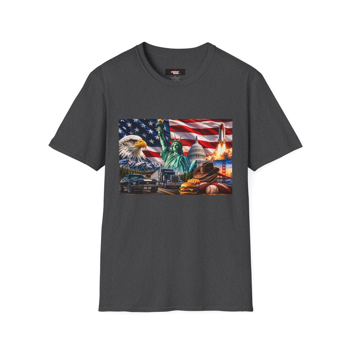 Patriotic USA Montage T-Shirt – Eagle, Statue of Liberty & American Flag Design