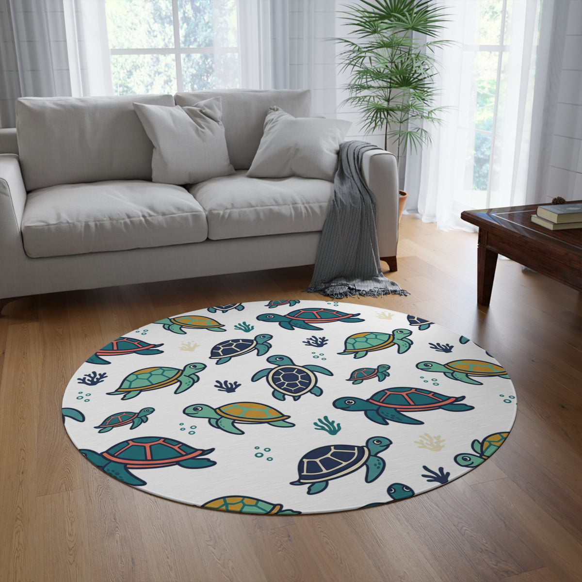 Round Turtle Pattern Rug — Cute Sea Turtle Nursery Accent Mat