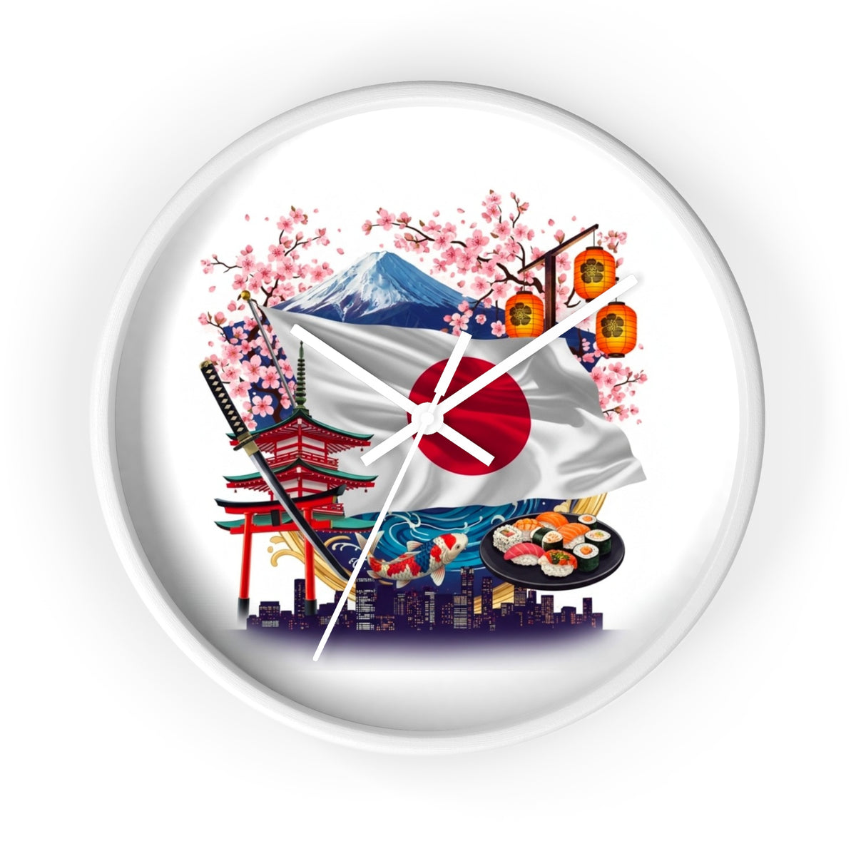 Japanese Flag Wall Clock — Mount Fuji, Sakura & Sushi Decorative Clock