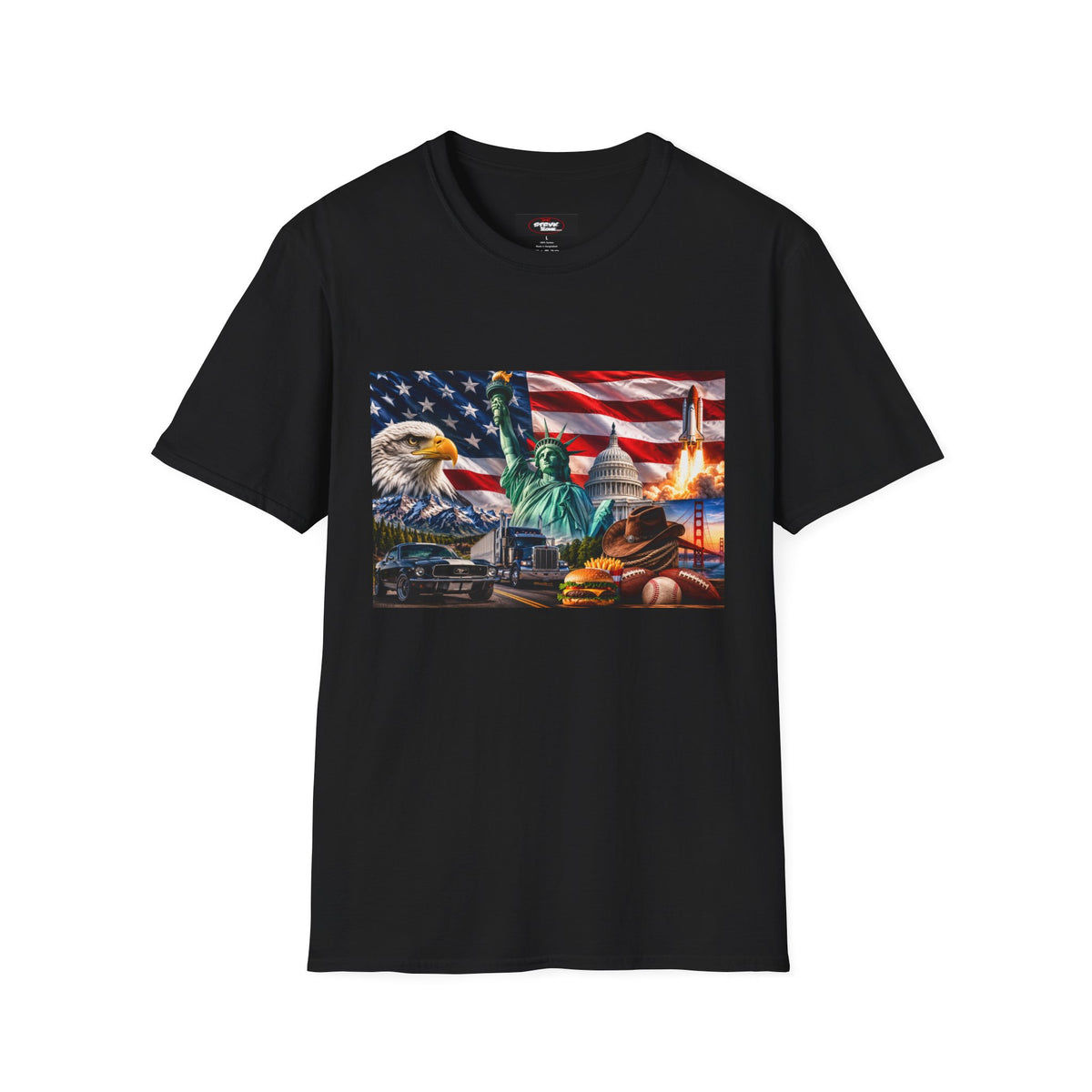 Patriotic USA Montage T-Shirt – Eagle, Statue of Liberty & American Flag Design