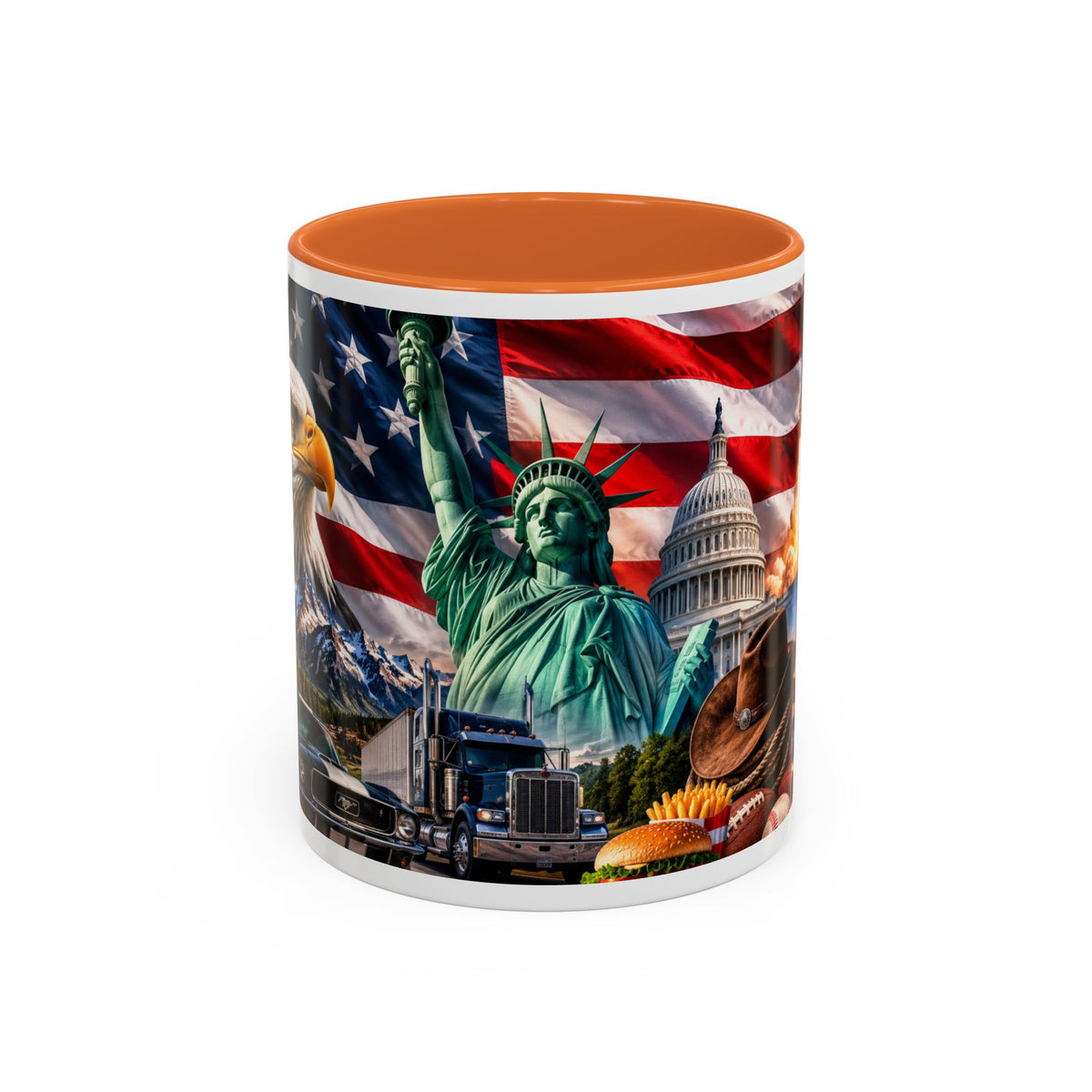Patriotic USA Collage Mug — Statue of Liberty, Capitol & American Flag (Two-Tone)