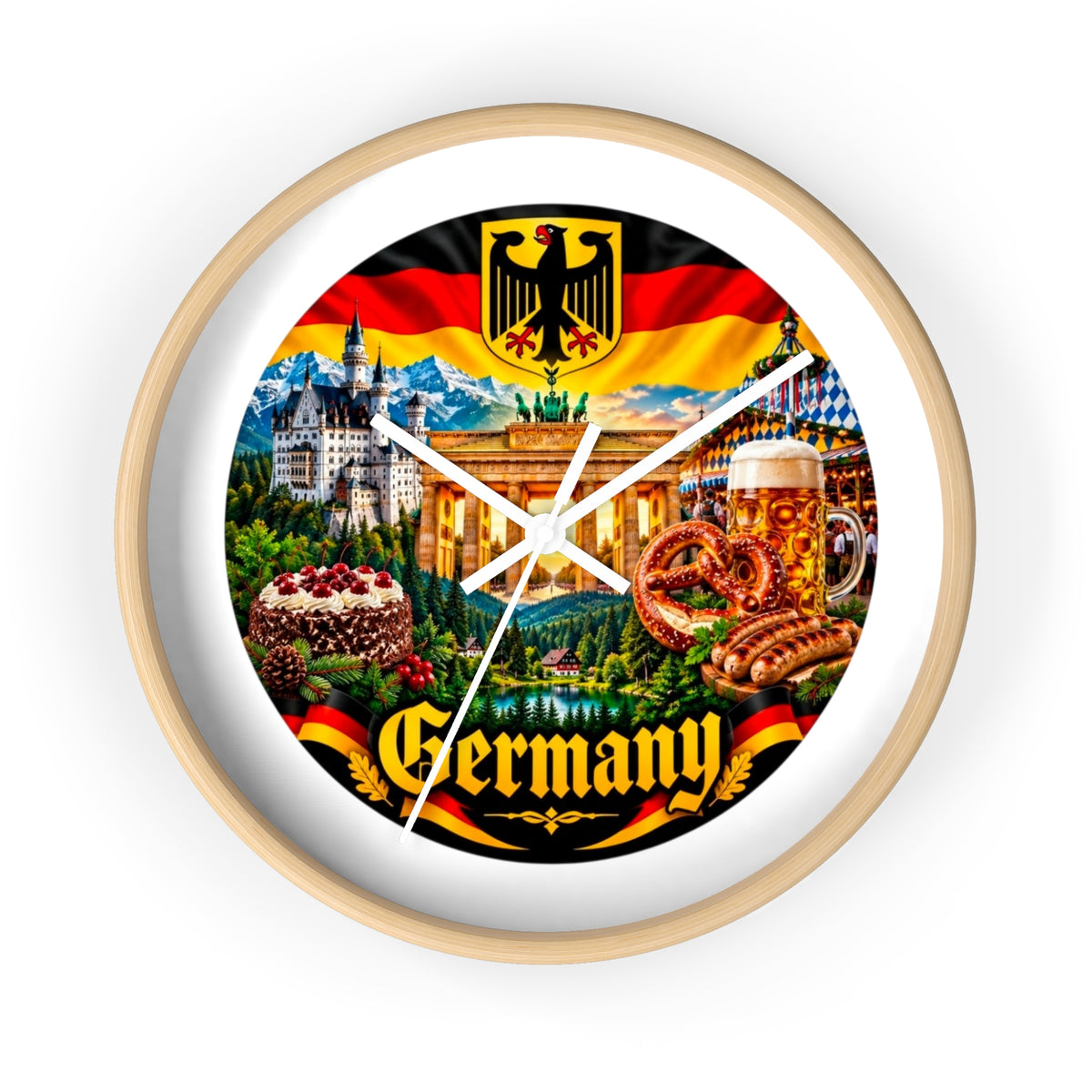 Germany Wall Clock — Travel Landmark Decor with Flag, Bavarian Pretzels & Beer