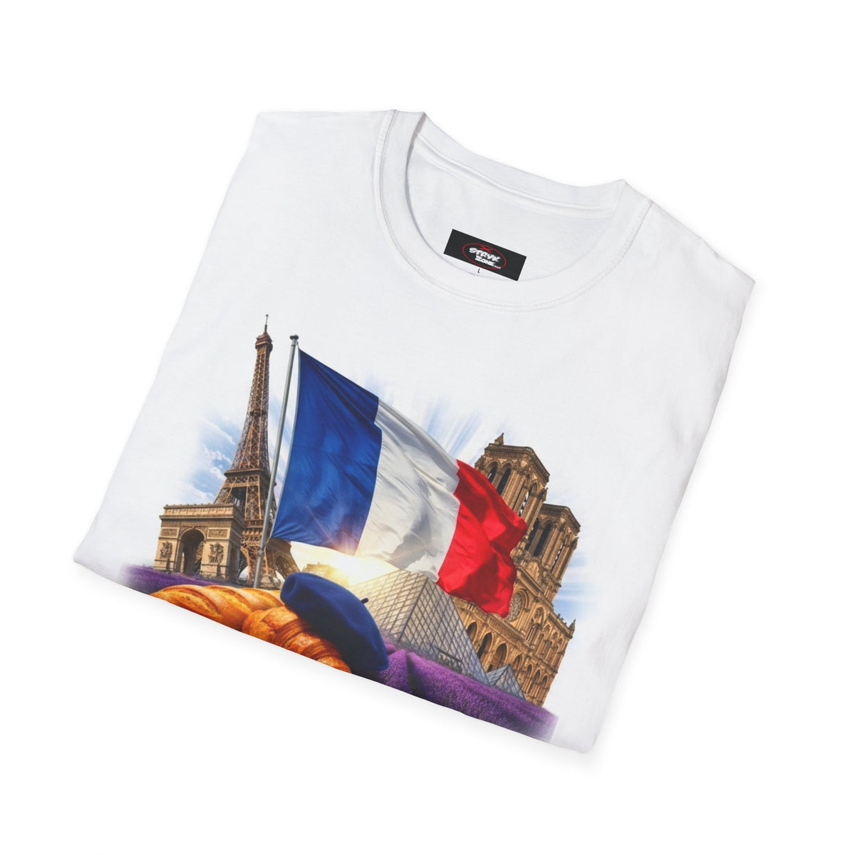 French Flag & Landmark T-Shirt — Eiffel Tower, Notre-Dame & Croissant Graphic