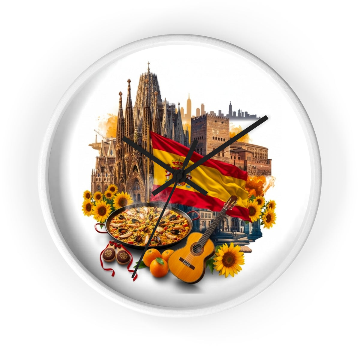 Spanish Culture Wall Clock — Paella, Guitar & Flag Home Décor