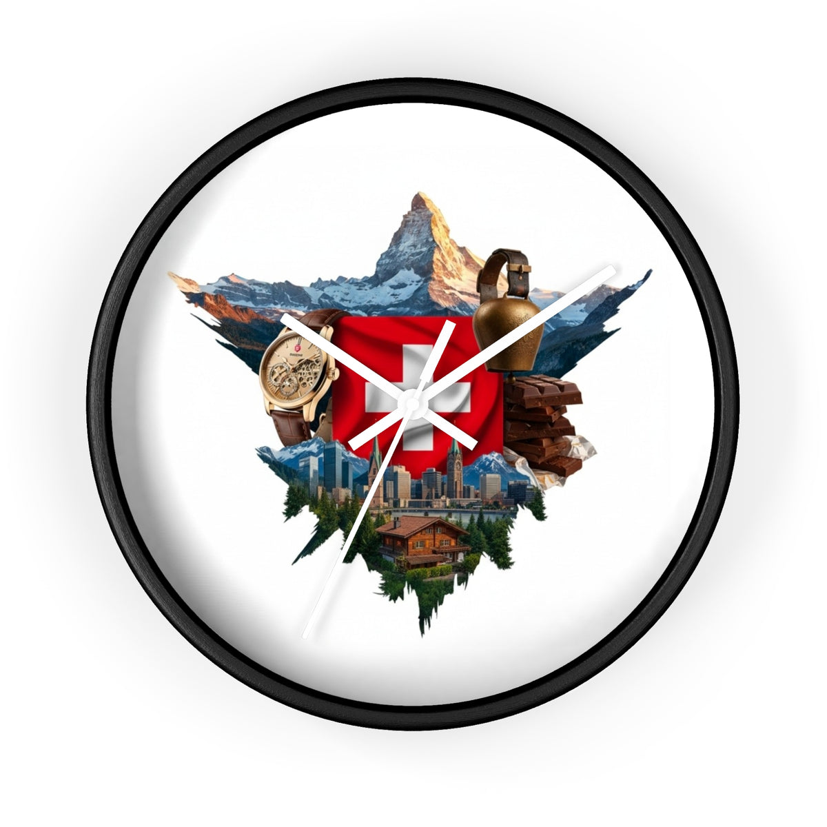 Swiss Heritage Wall Clock – Alpine Crest Design with Swiss Flag, Mountain & Chalet Elements