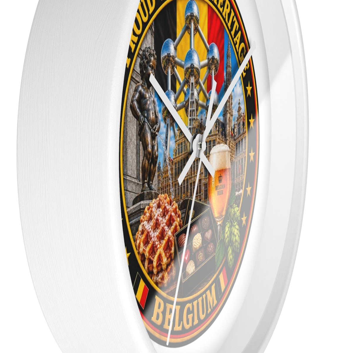 Belgium Heritage Wall Clock — Proud Belgian Icons (Atomium, Manneken Pis, Waffle, Beer)