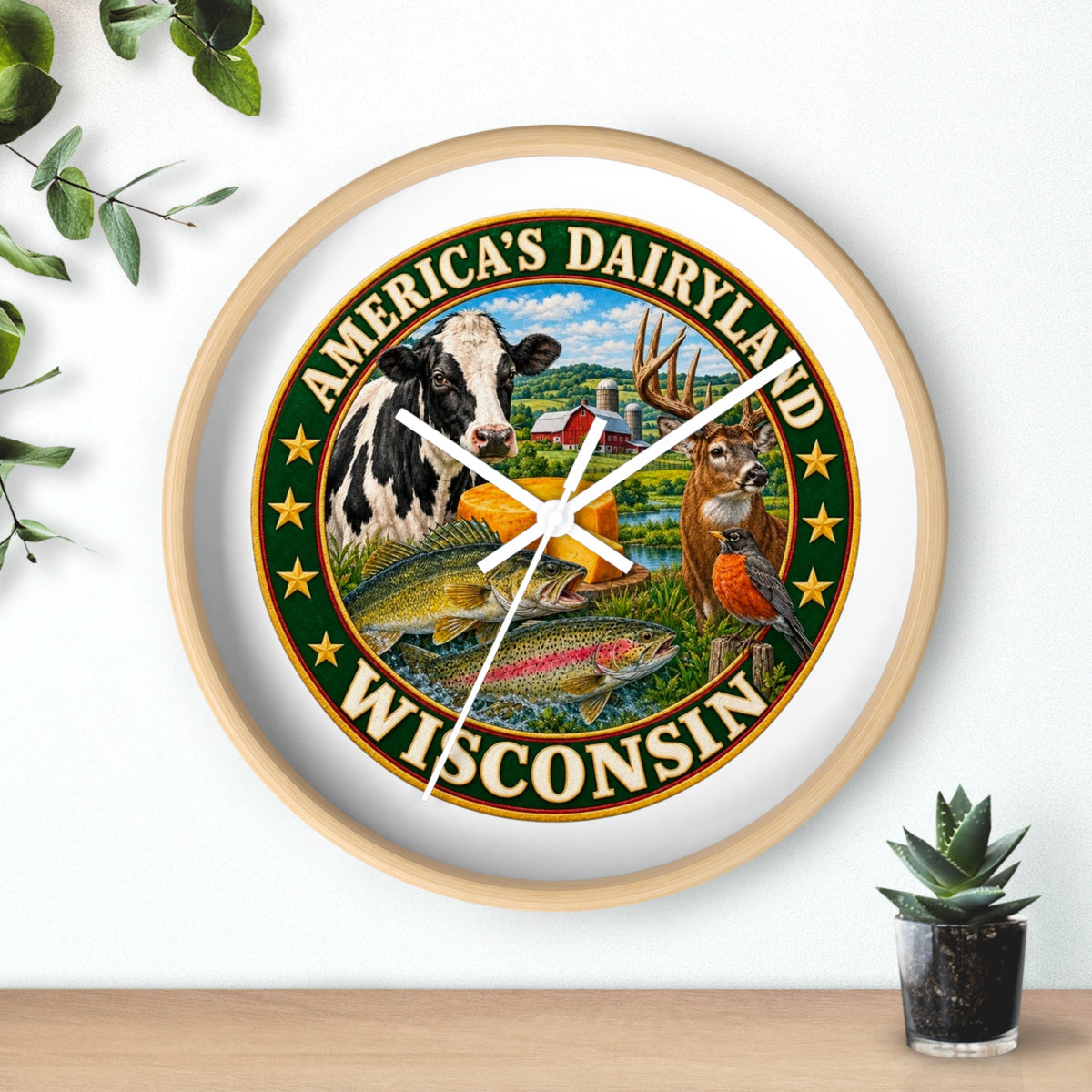 Wisconsin Wall Clock — "America's Dairyland" Rustic Farm & Wildlife Clock
