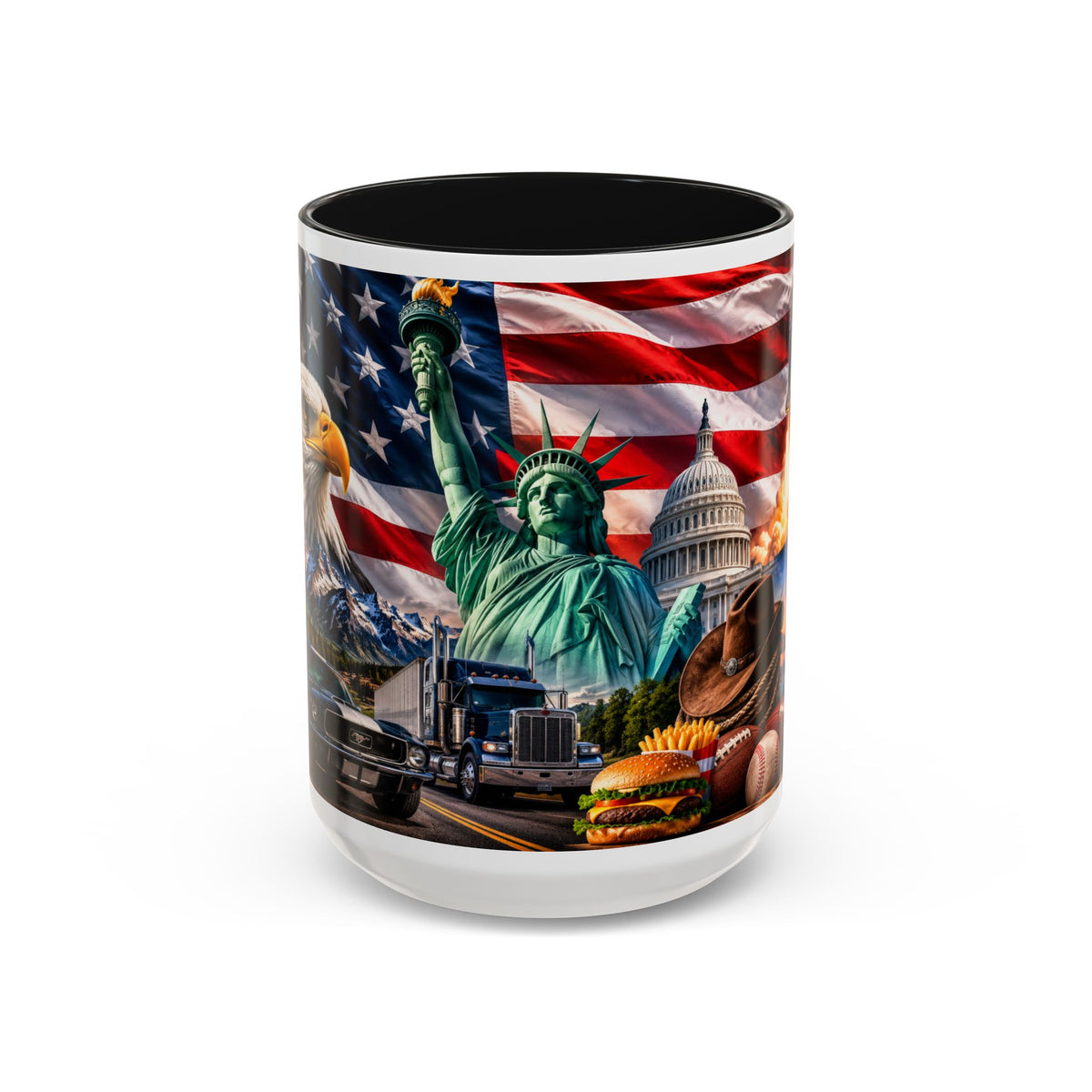 Patriotic USA Collage Mug — Statue of Liberty, Capitol & American Flag (Two-Tone)