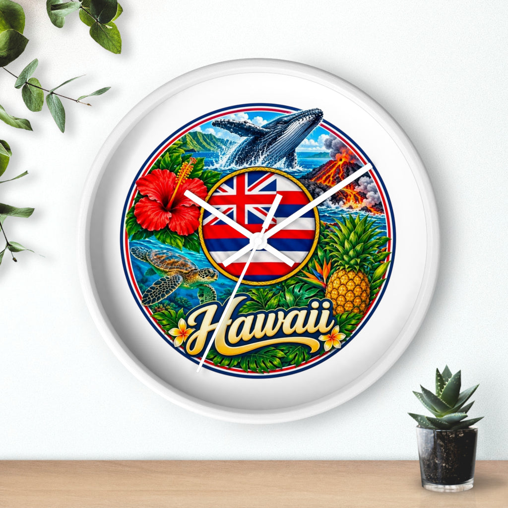 Hawaii Tropical Souvenir Wall Clock — Hawaiian Flag, Hibiscus, Pineapple & Whale Design