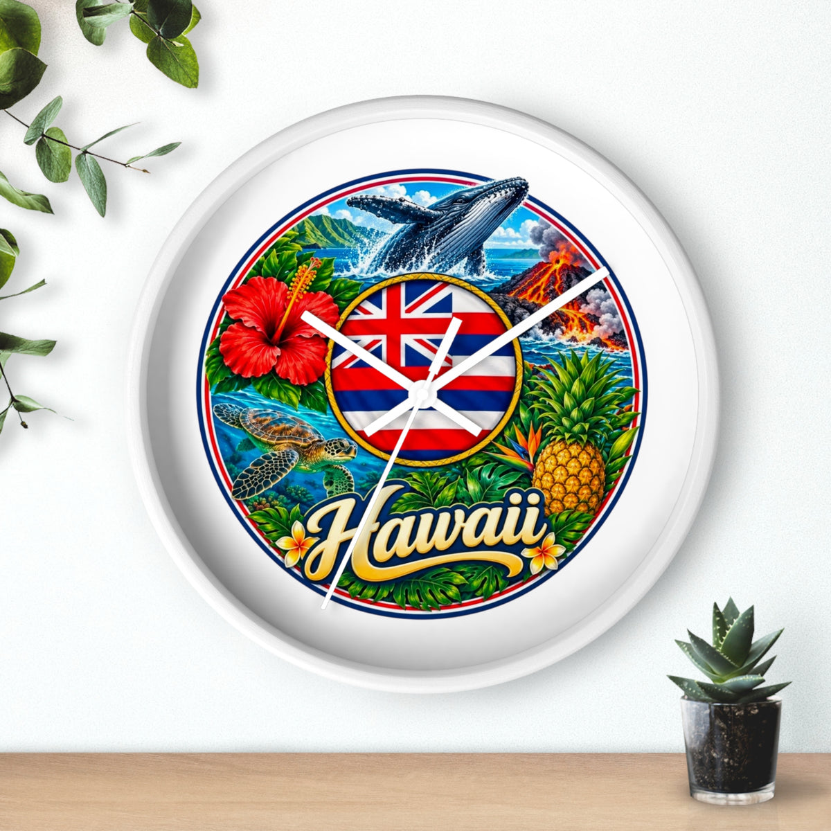 Hawaii Tropical Souvenir Wall Clock — Hawaiian Flag, Hibiscus, Pineapple & Whale Design